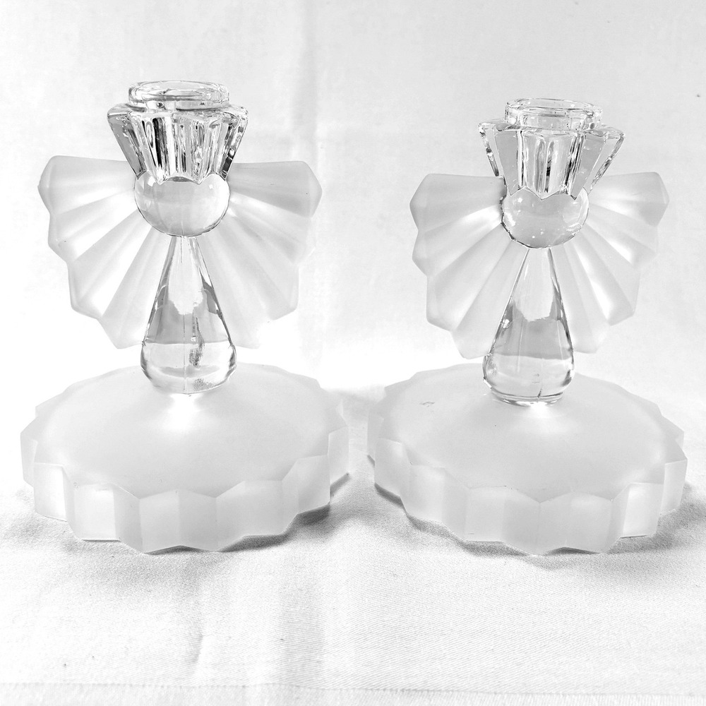 Vintage Art Deco Style Pair Candle Holders Set 5.25in Clear Frosted Glass